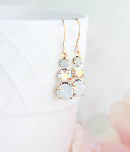 Vintage Glass Earrings - Three Jewel - White Opal Glass