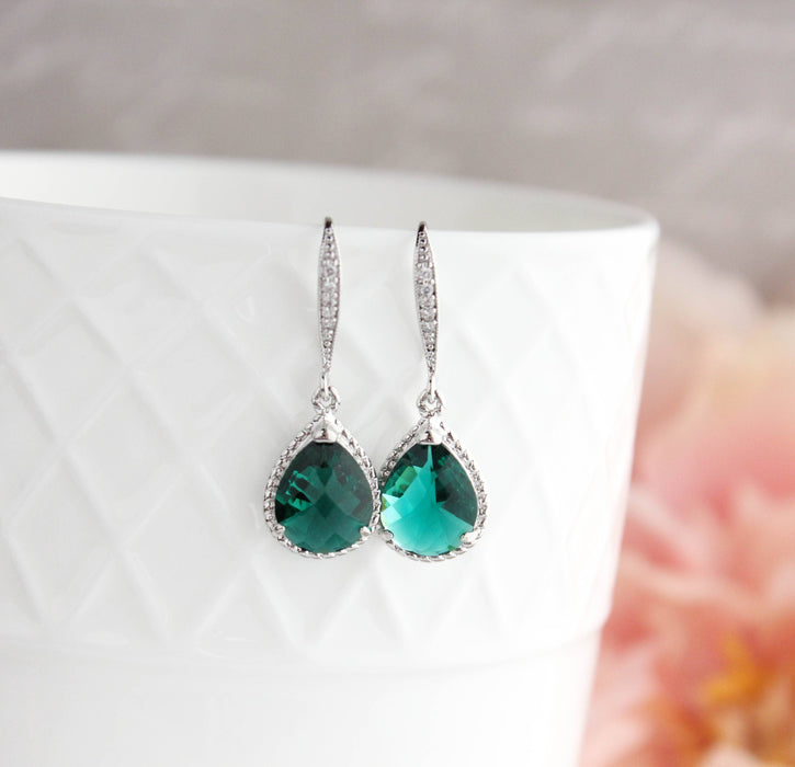 Emerald Green Glass Earrings - Jewel Ear Wire - Rope Setting