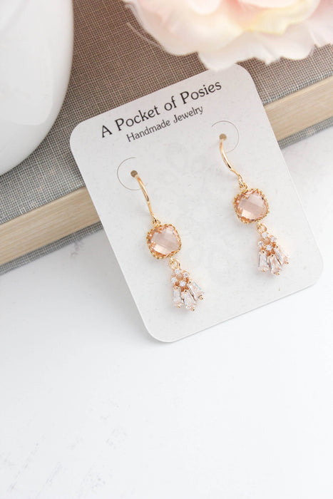 Art Deco Fan Earrings | Sparkling Glass | Peach Blush