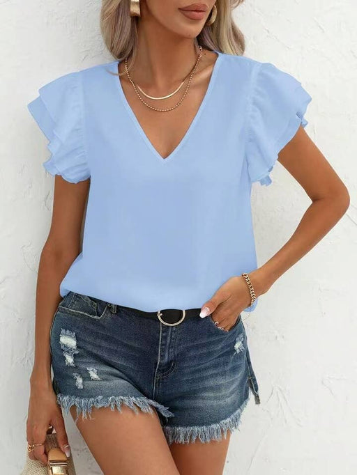 V neck ruffle short sleeve blouse
