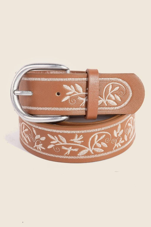 Floral Embroidered Pattern Vegan Leather Belt