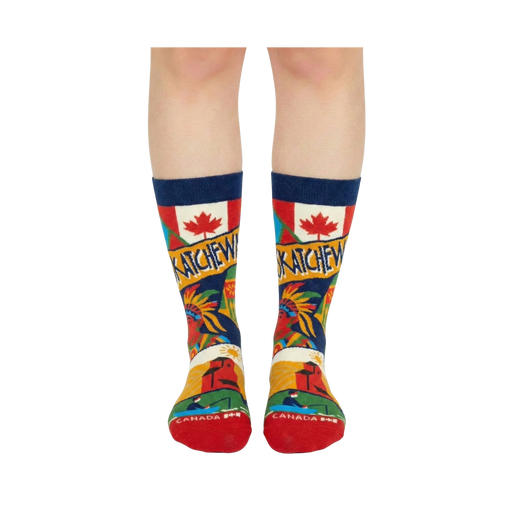 Saskatchewan Scenic Prairie Culture Crew Socks with Wheat Fields and Provincial Icons