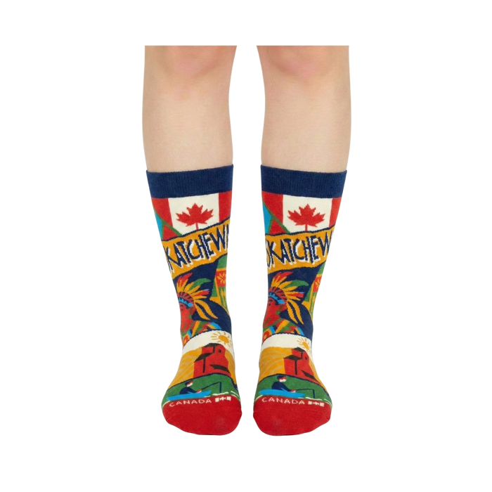 Saskatchewan Scenic Prairie Culture Crew Socks with Wheat Fields and Provincial Icons