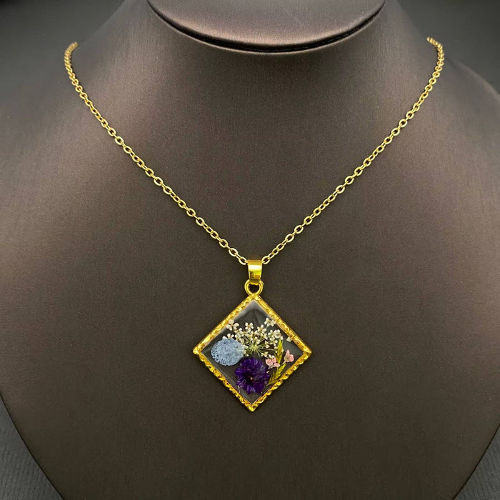 Dried Flower Rhombus Charm 18K Gold Plated Necklace