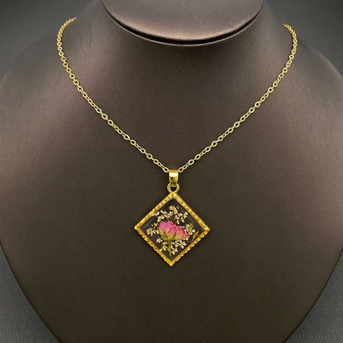 Dried Flower Rhombus Charm 18K Gold Plated Necklace