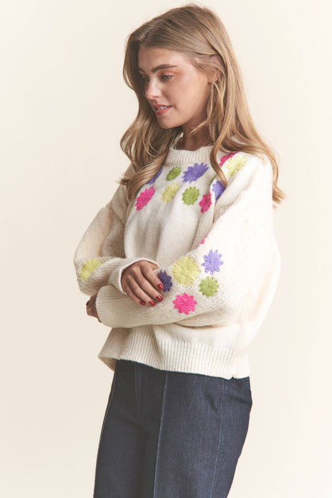 Floral Embroidered Round Neck Sweater Top