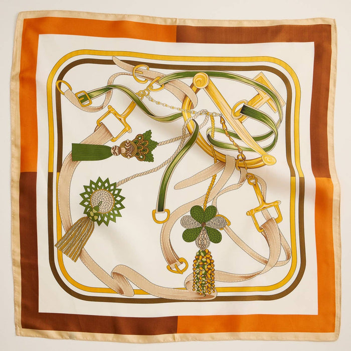 Equestrian-Inspired Silk Square Scarf with Buckle & Tassel