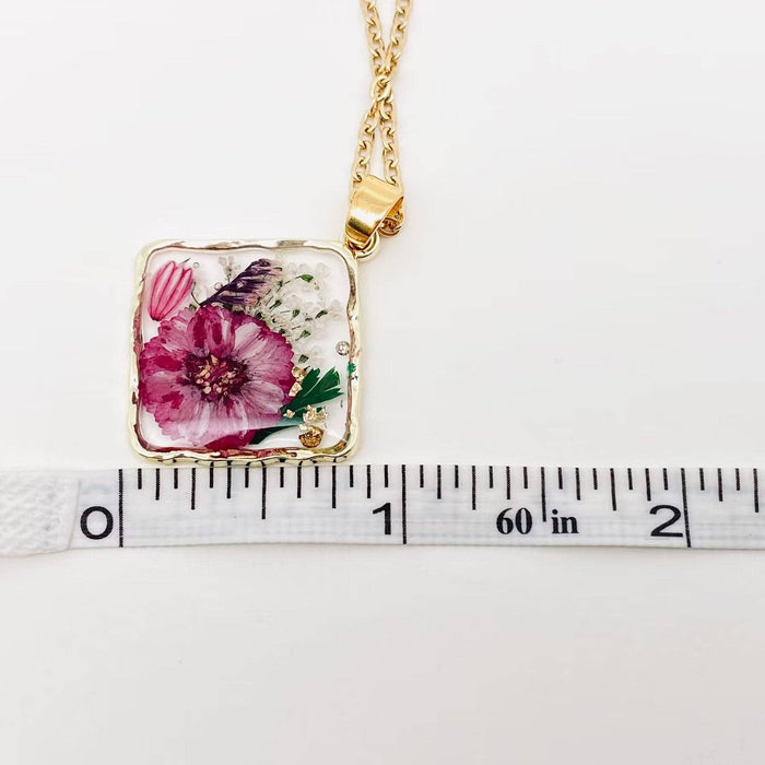 Floral Square Pendant Pressed Dried Flowers Necklace