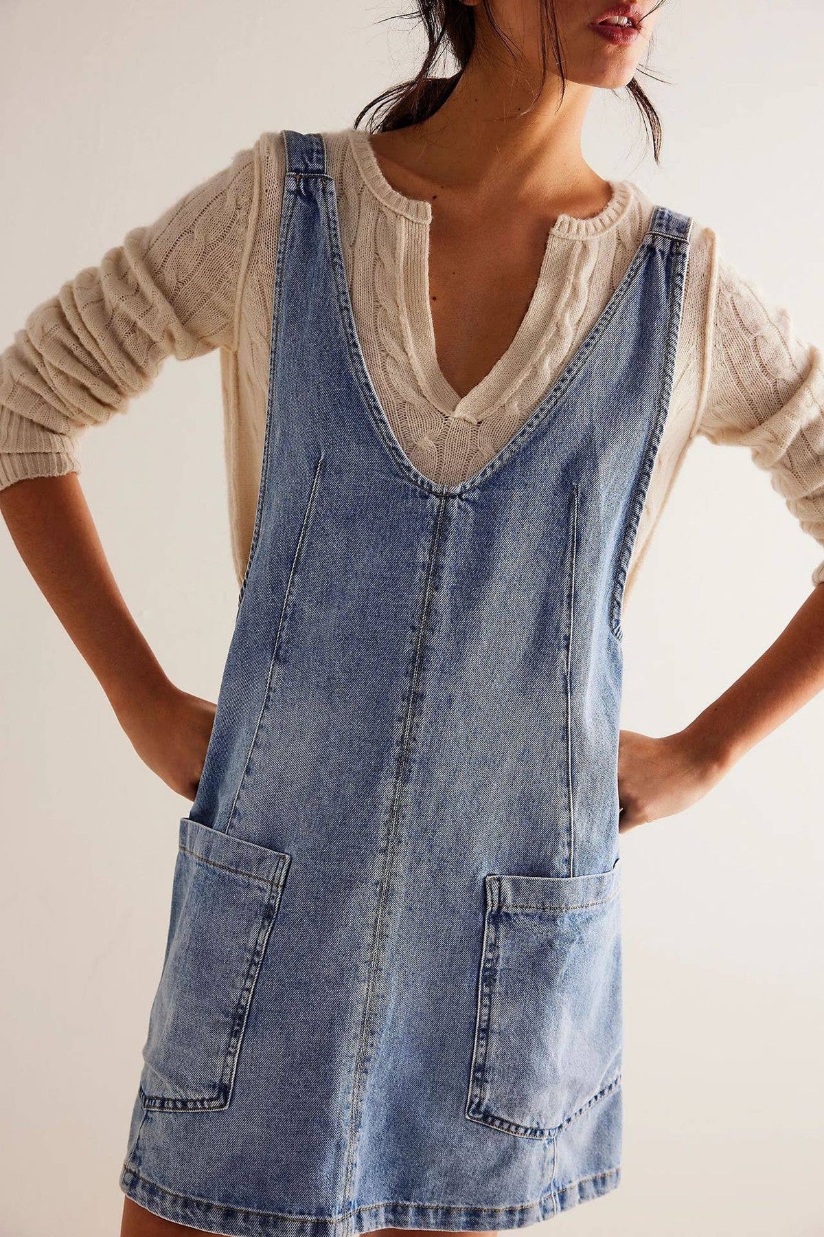 Denim scoop neck overall dress — Dutch Growers Regina