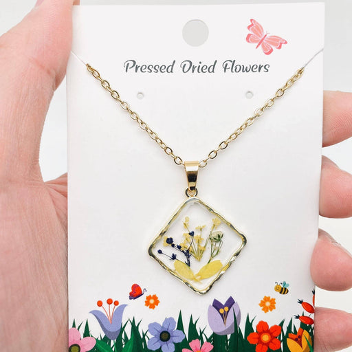 Floral Square Pendant Pressed Dried Flowers Necklace