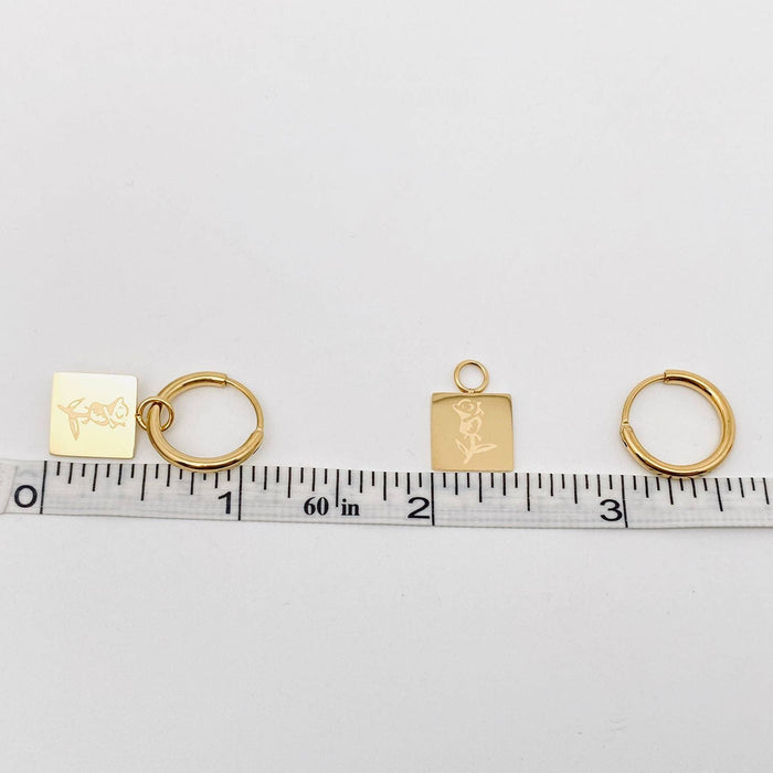 Rose Square Charm 18K Gold Plated Huggie Earrings - FGS