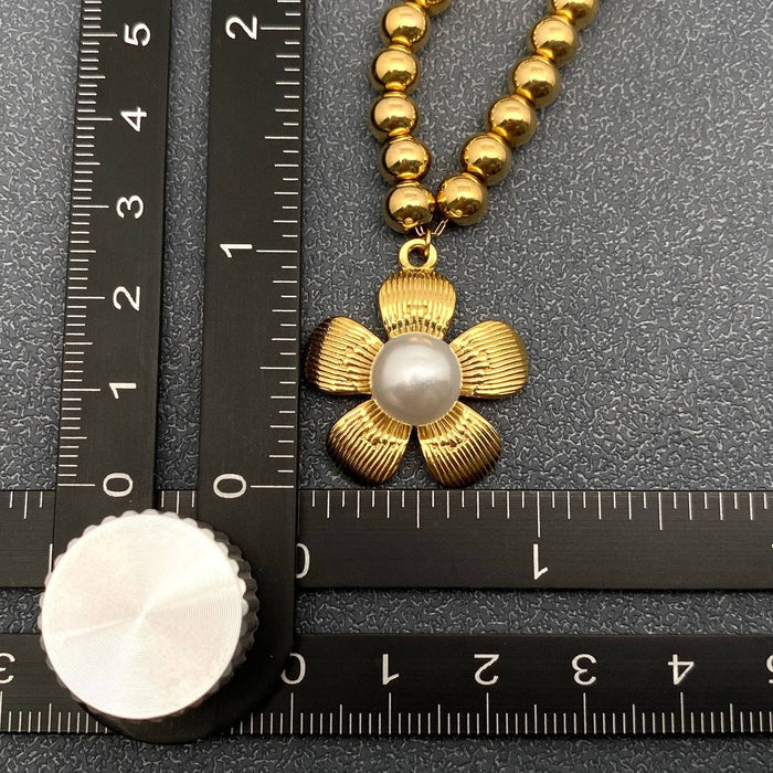 Inlaid Pearl Flower Charm 18K Gold Plated SS Necklace - FGS