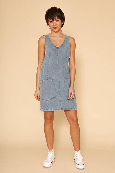 Denim scoop neck overall dress