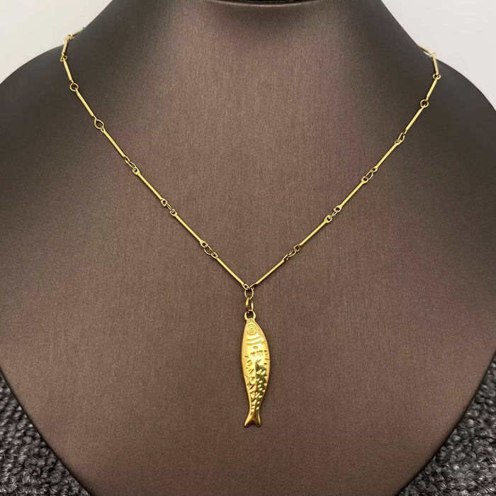 18K Gold Plated Stainless Steel Fish Charm Necklace - FGS