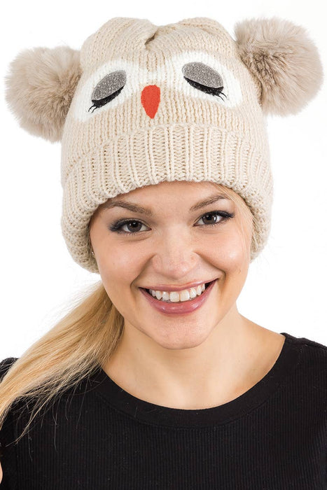 Sleeping Owl Fuzzy Fleece Chunky Knitted Beanie