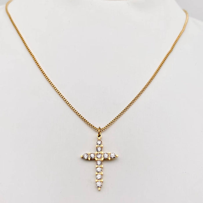 Stainless Steel Inlaid Zircon Cross Pendant Necklace - FGS