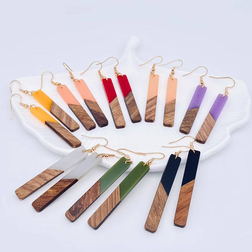 Resin Wooden Stick Rectangular Pendant Earrings