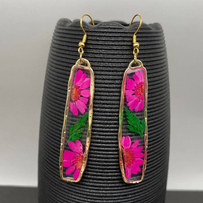 Pressed Dried Flower Long Rectangular Dangle Earrings
