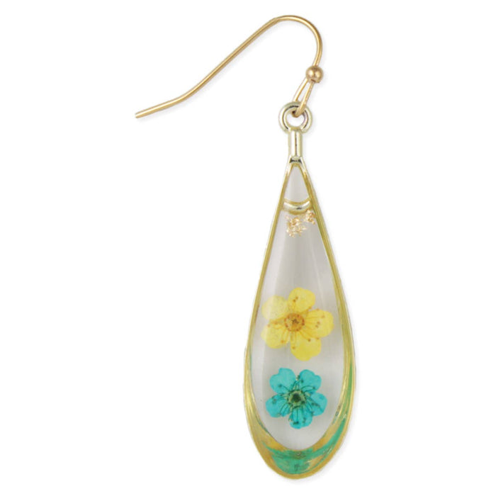 Yellow Flower Gold Teardrop Dried Flower Earrings