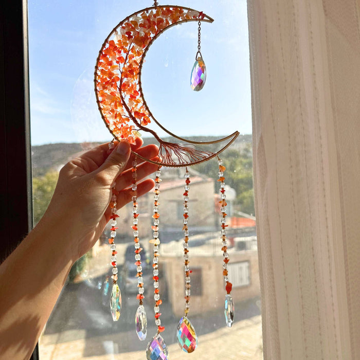 Moon Crystal Suncatcher - Rose Quartz, Red Agate, Amethyst