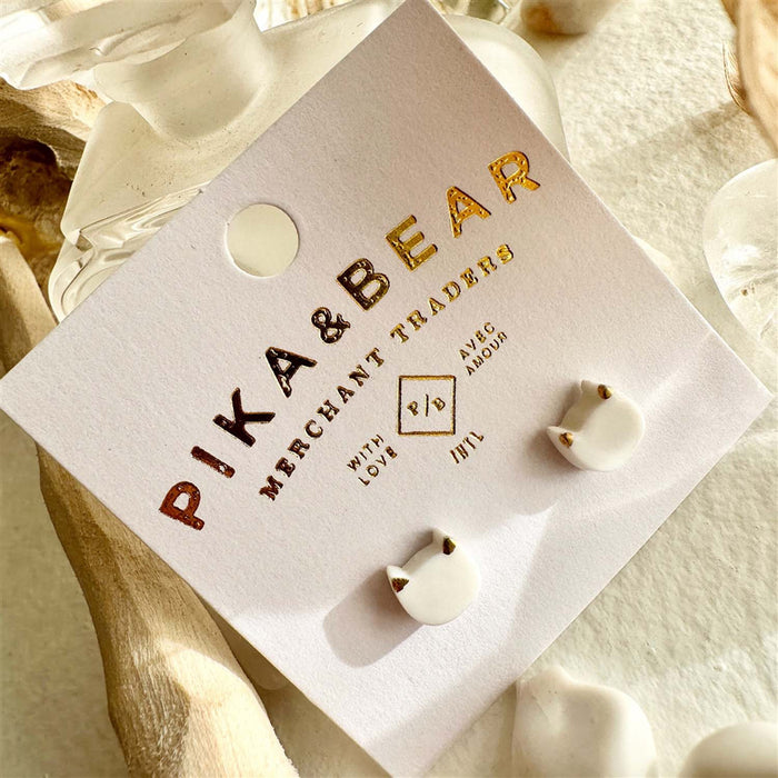 WHITE "Mew" Porcelain Cat Face Stud Earrings