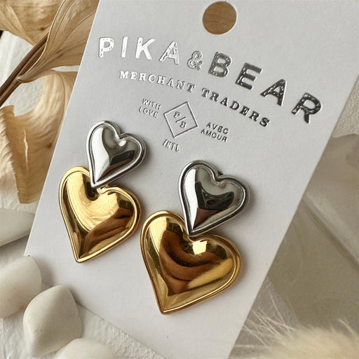 "Kalila" Double Heart Drop Earrings in Silver / Gold