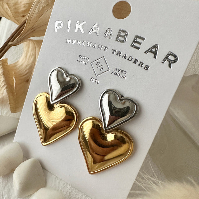 "Kalila" Double Heart Drop Earrings in Silver / Gold
