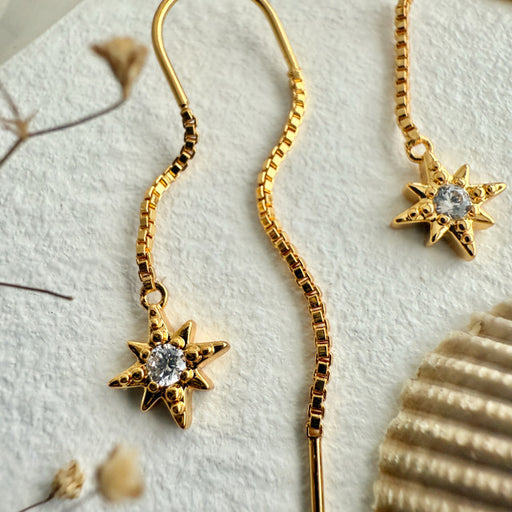 GOLD "Morning Star" Rhinestone Star Threader Earrings