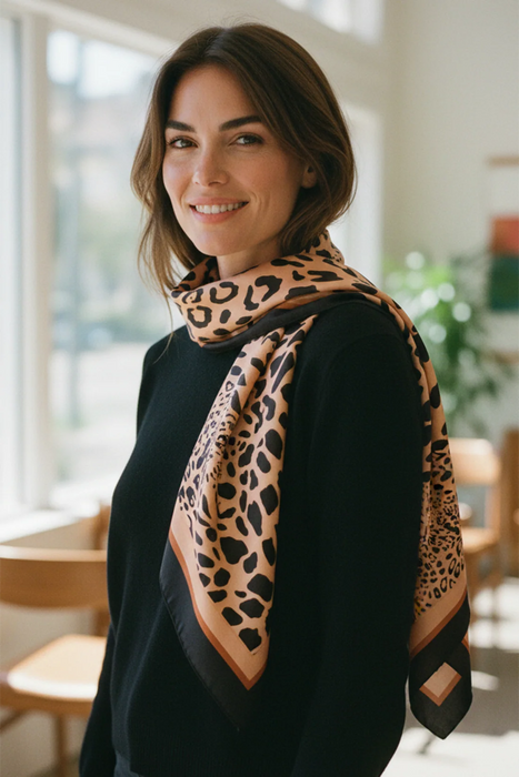 COW PRINT SQ SCARF BK 27.5"
