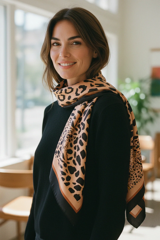 COW PRINT SQ SCARF BK 27.5"