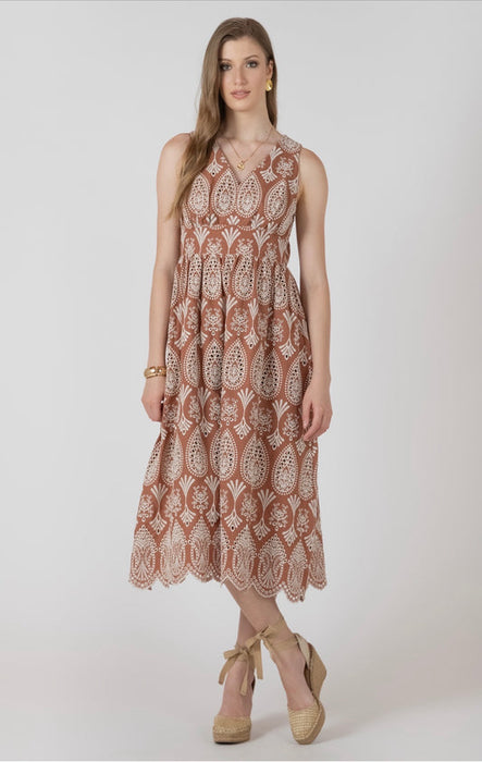 V NECK EYELET DRESS-SANDY-BEIGE EYLET