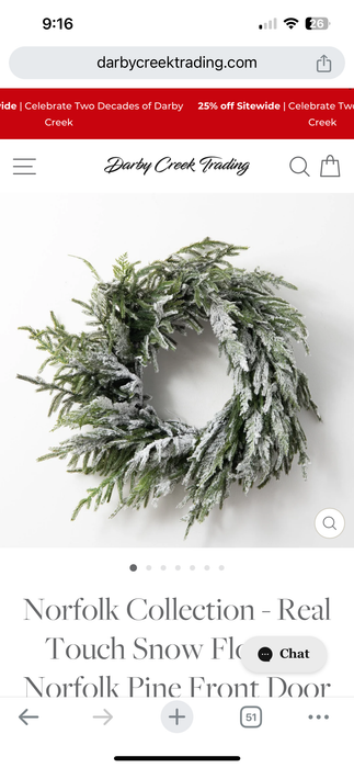 Wreath Norfolk Pine Flocked 24"