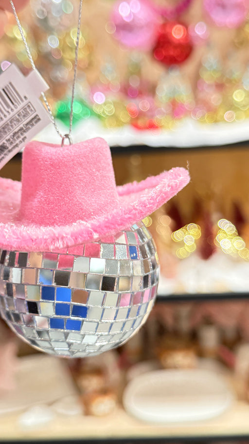 Orn Mirror Ball w/Pink Western Hat