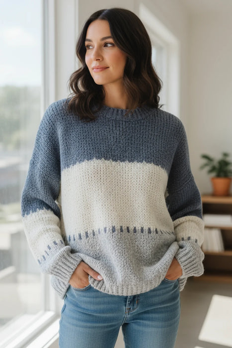 BLUE JEAN COLOR BLOCK STRIPE SWEATER
