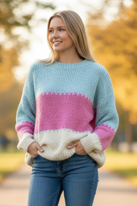 LIGHT BLUE COLOR BLOCK STRIPE SWEATER