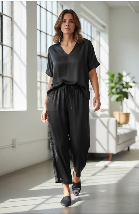 BLACK SATIN TIE WAIST PANT