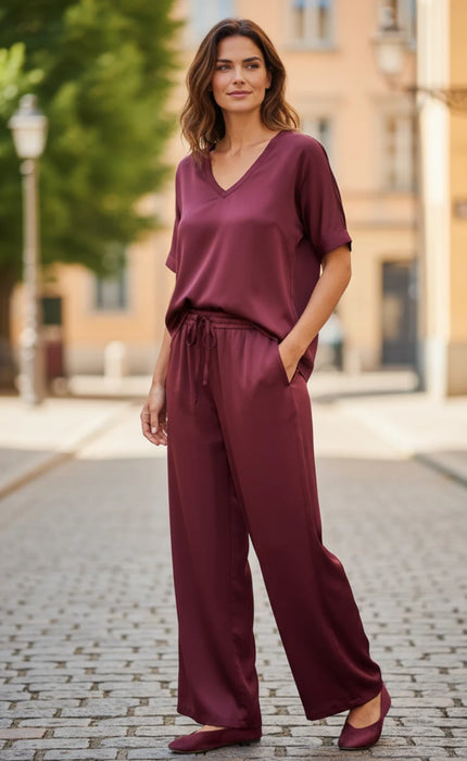 BURGUNDY SATIN TIE WAIST PANT