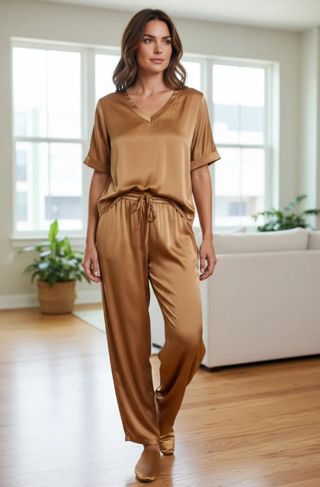 CAMEL SATIN TIE WAIST PANT