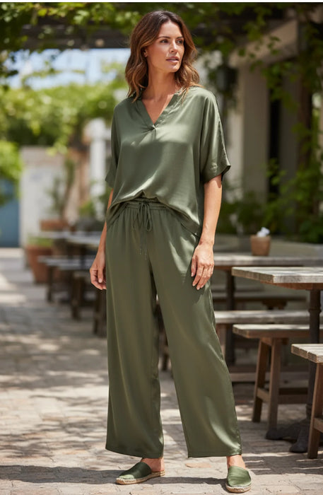 GREEN SATIN TIE WAIST PANT