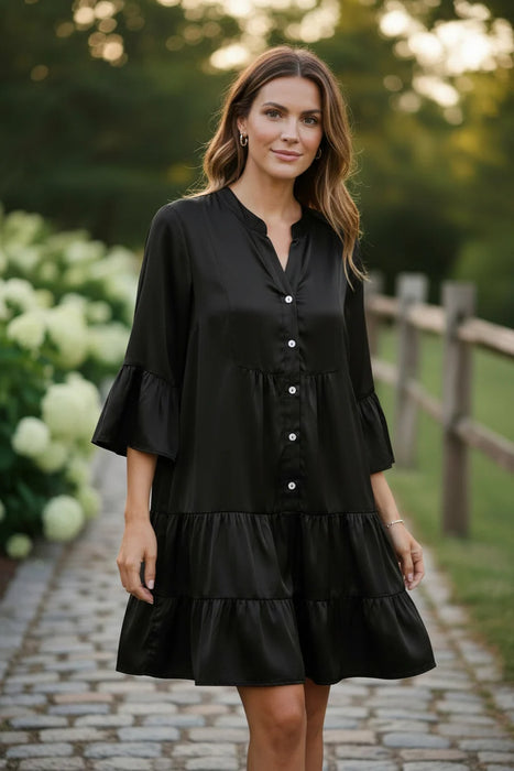 BLACK 3 TIER SATIN DRESS