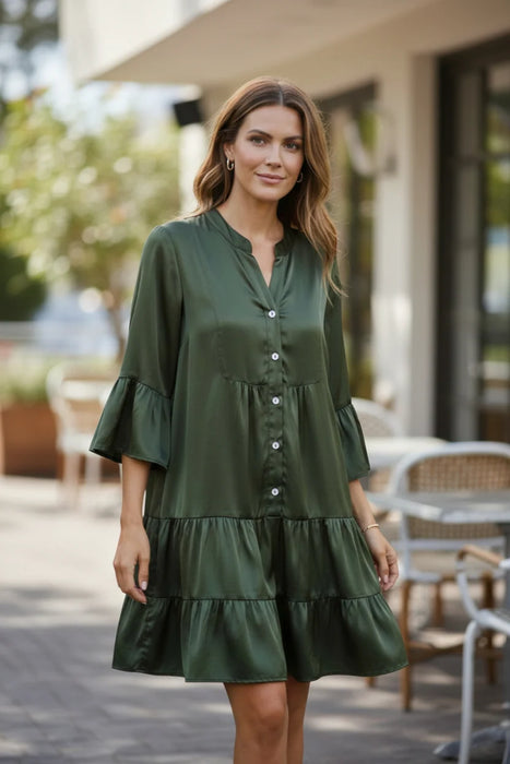 GREEN 3 TIER SATIN DRESS