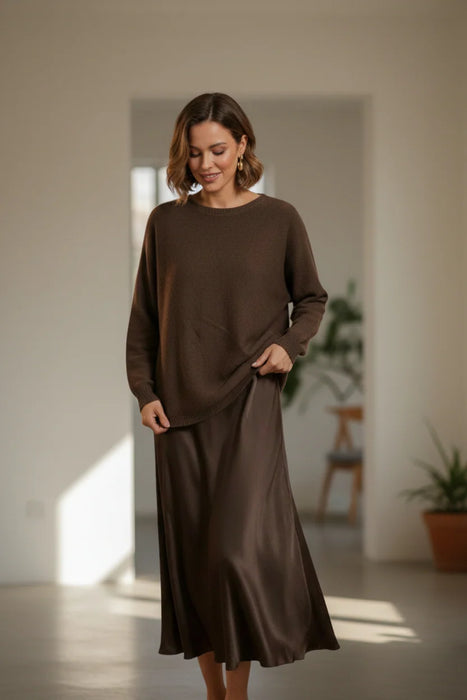 BROWN BIAS CUT SATIN SKIRT