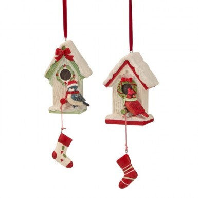 Orn Birdhouse W/Stocking 2Asst