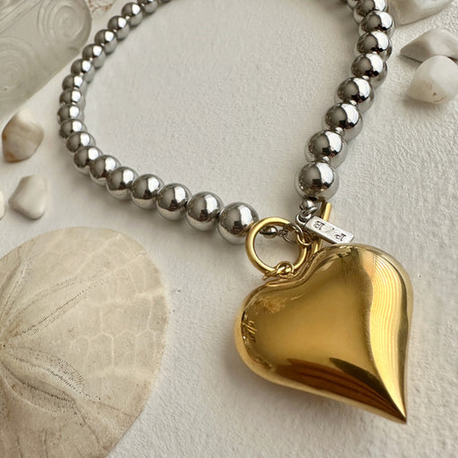 "Poe" Ball Chain Choker Necklace with Heart in Gold/Silver