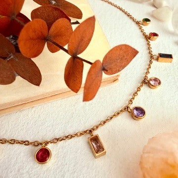 "Charlemagne" Multi-Coloured Zircons Charm Necklace in Gold