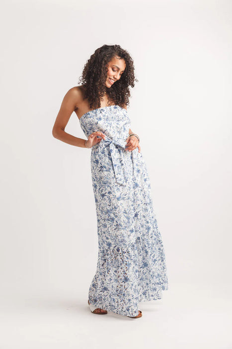 Blue Floral Eyelet Maxi Dress With Removable Straps