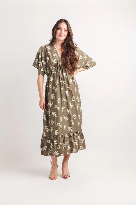 Rubber Print Extended Sleeve Maxi Dress W Elastic