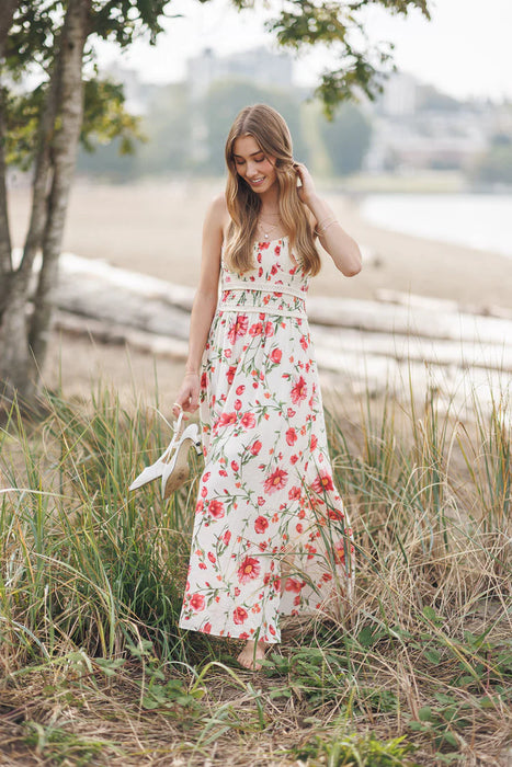 Red Floral Smocked Sleeveless Dress
