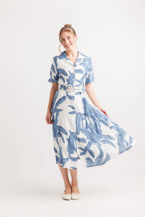 LEAF PRINT COLLARED BUTTON FRONT DRESS