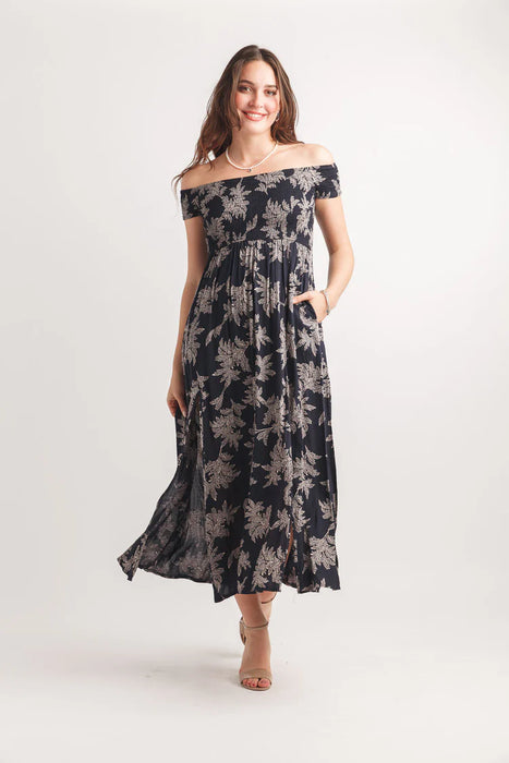 Navy Leaf Print Smocked Off The Shoulder Maxi Dress